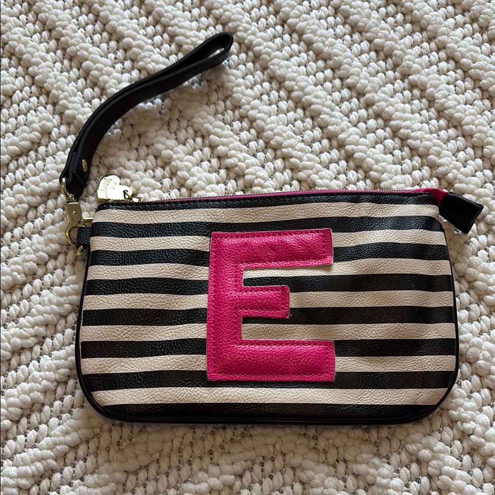 Betsy Johnson Black and White Striped Wristlet with Pink Letter “E”